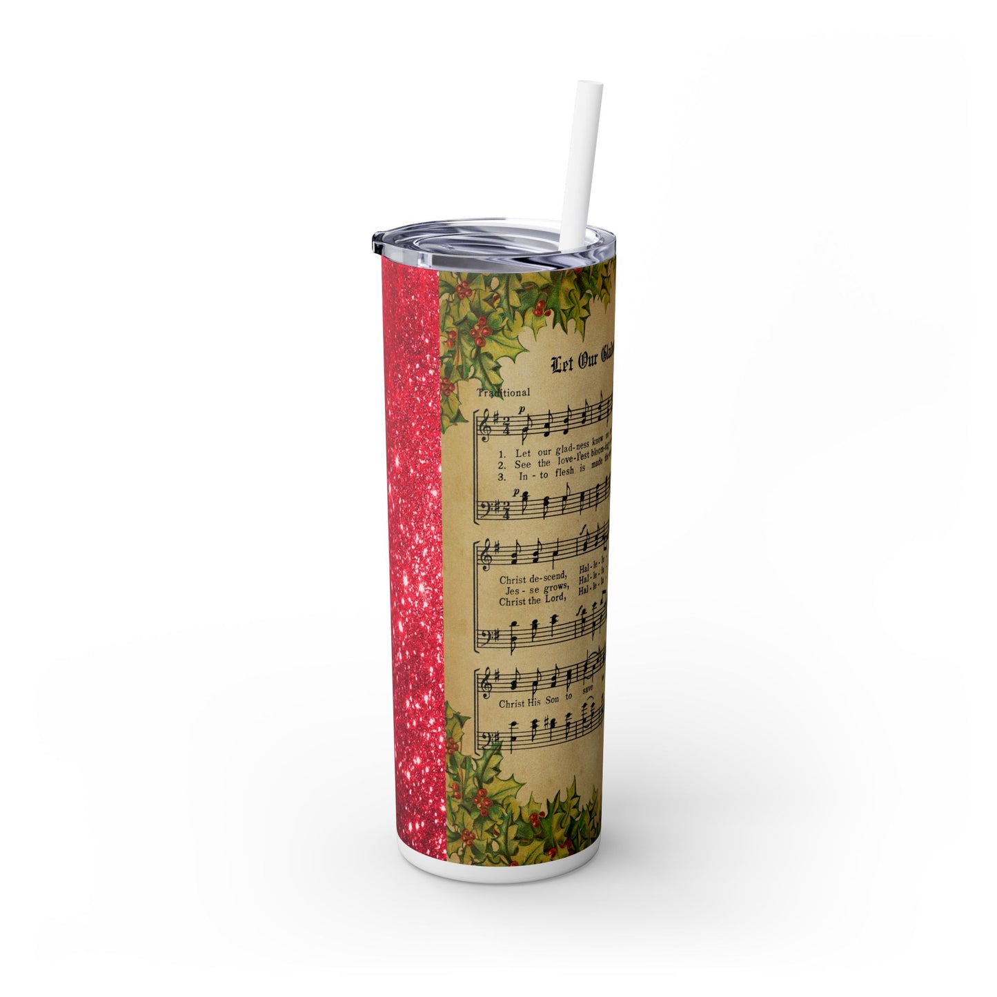 Christmas Music Notes with Red Sparkles - SleekSip Skinny 20oz Tumbler with Straw