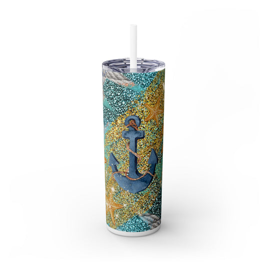 Blue Anchor Glitter - SleekSip Skinny 20oz Tumbler with Straw