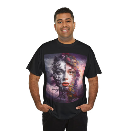 Duality of Nature T-Shirt – Embrace the beauty of contrast with this surreal portrait blending earth and sky, life and decay.- Express Delivery available