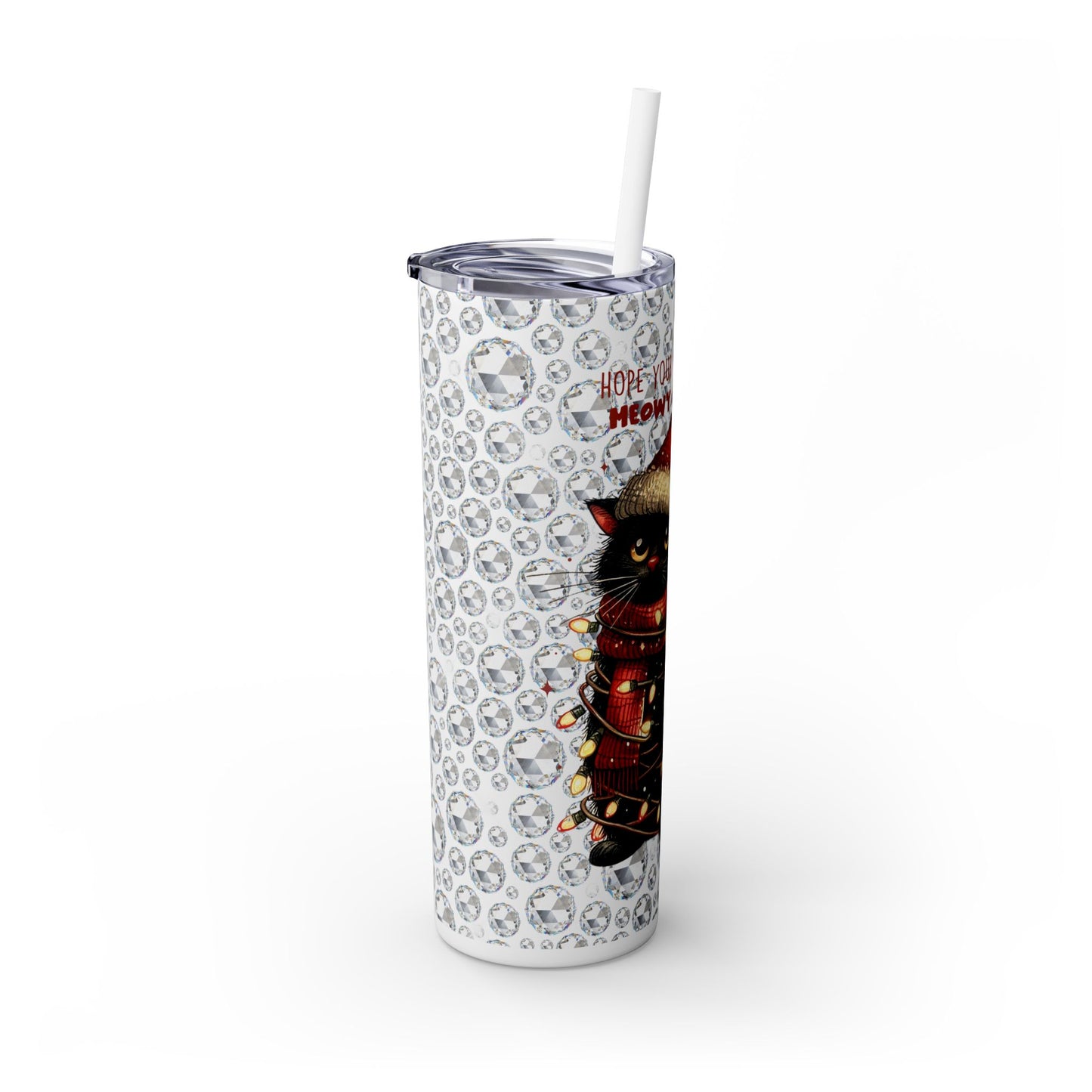 Christmas Cat with Diamond Background - SleekSip Skinny 20oz Tumbler with Straw