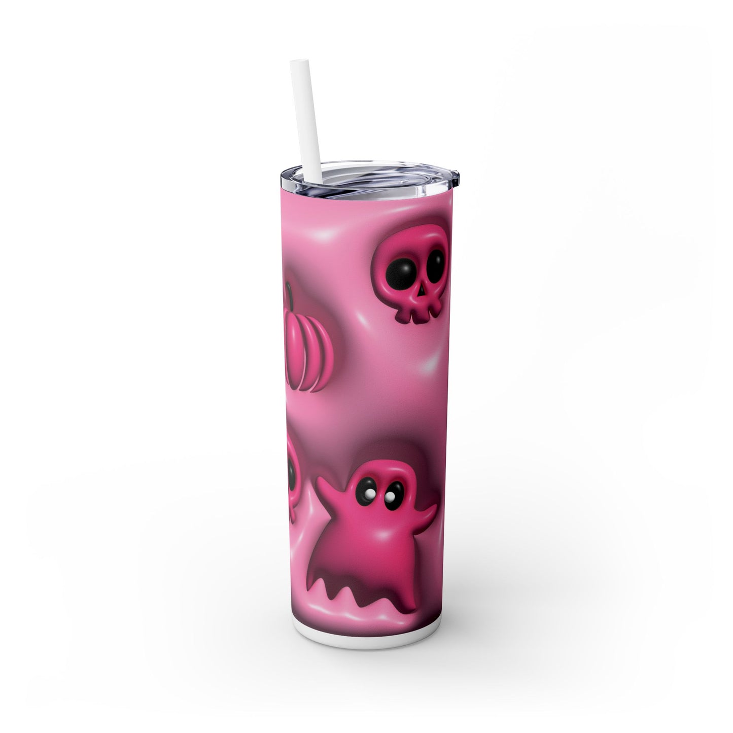 3D Inflated Pink Skulls and Pumpkins - SleekSip Skinny 20oz Tumbler with Straw