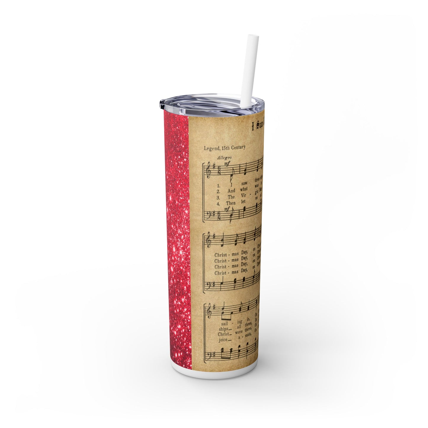 Christmas Music Notes with Red Sparkles - SleekSip Skinny 20oz Tumbler with Straw