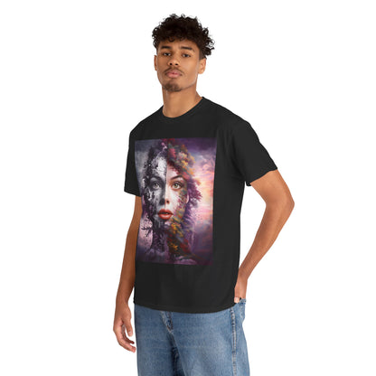 Duality of Nature T-Shirt – Embrace the beauty of contrast with this surreal portrait blending earth and sky, life and decay.- Express Delivery available