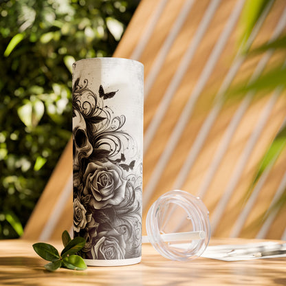 Black and White Skull Flowers - SleekSip Skinny 20oz Tumbler with Straw