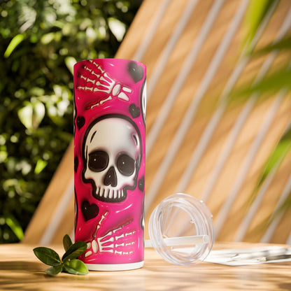 3D Inflated Pink Skulls - SleekSip Skinny 20oz Tumbler with Straw