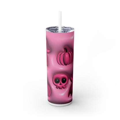 3D Inflated Pink Skulls and Pumpkins - SleekSip Skinny 20oz Tumbler with Straw