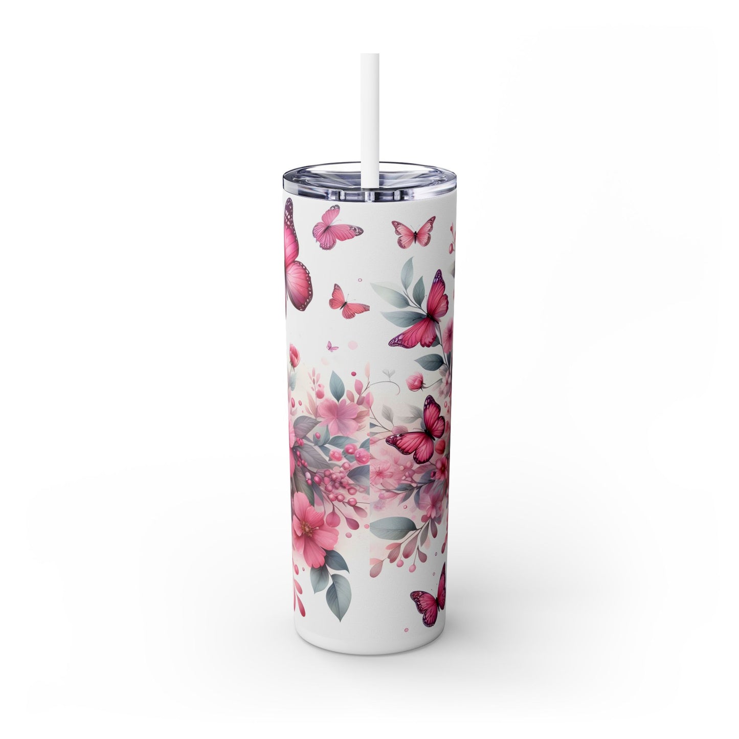 Pink Flowers and Butterflies - SleekSip Skinny 20oz Tumbler with Straw