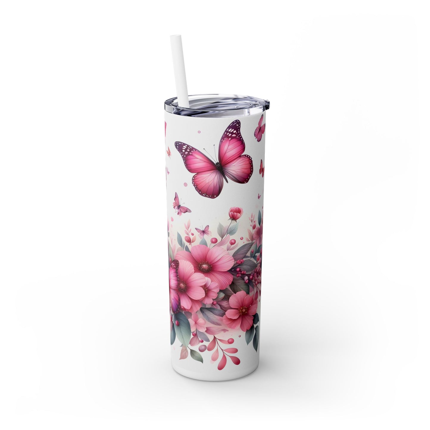 Pink Flowers and Butterflies - SleekSip Skinny 20oz Tumbler with Straw