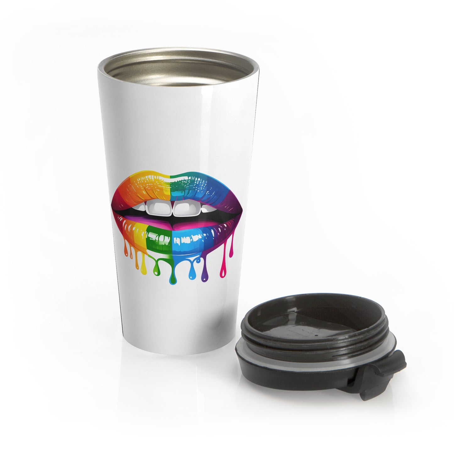 Vibrant Dripping Rainbow Lips Stainless Steel Travel Mug – 15oz