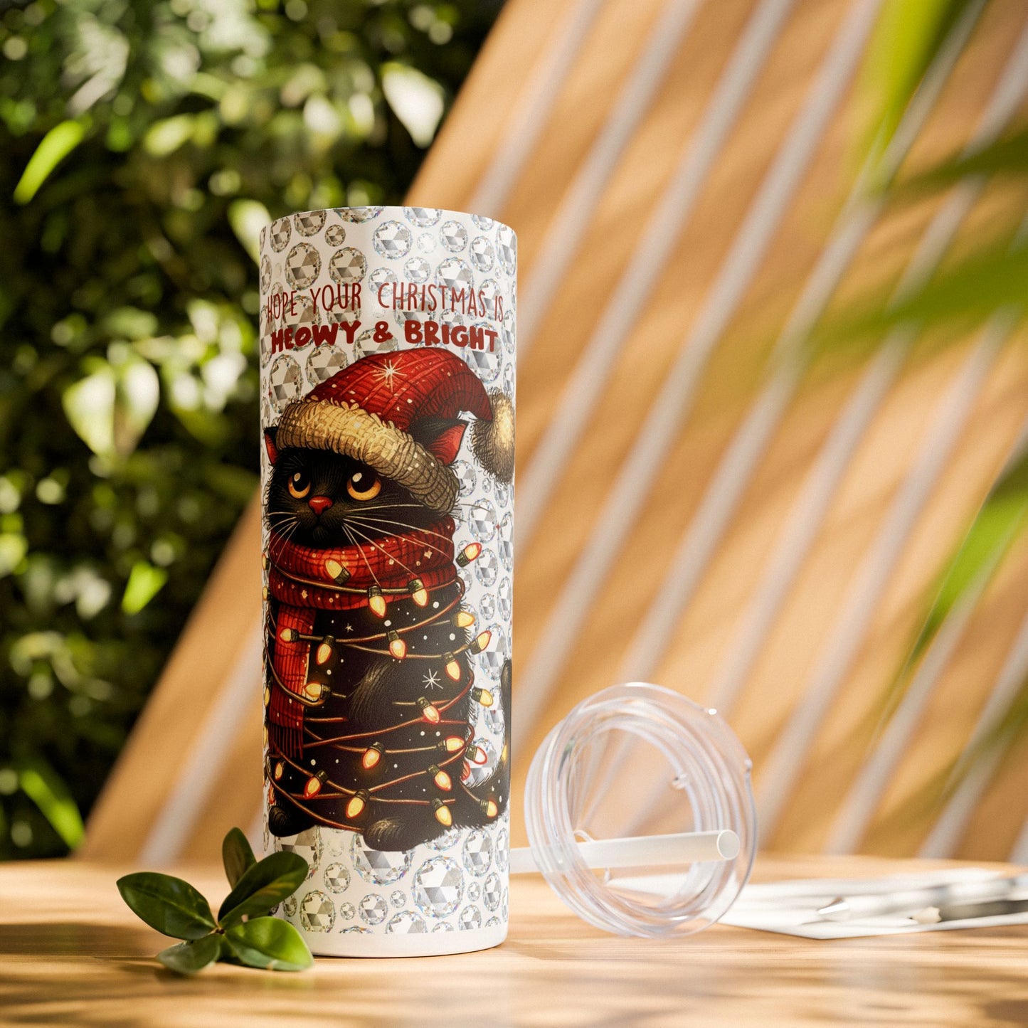 Christmas Cat with Diamond Background - SleekSip Skinny 20oz Tumbler with Straw