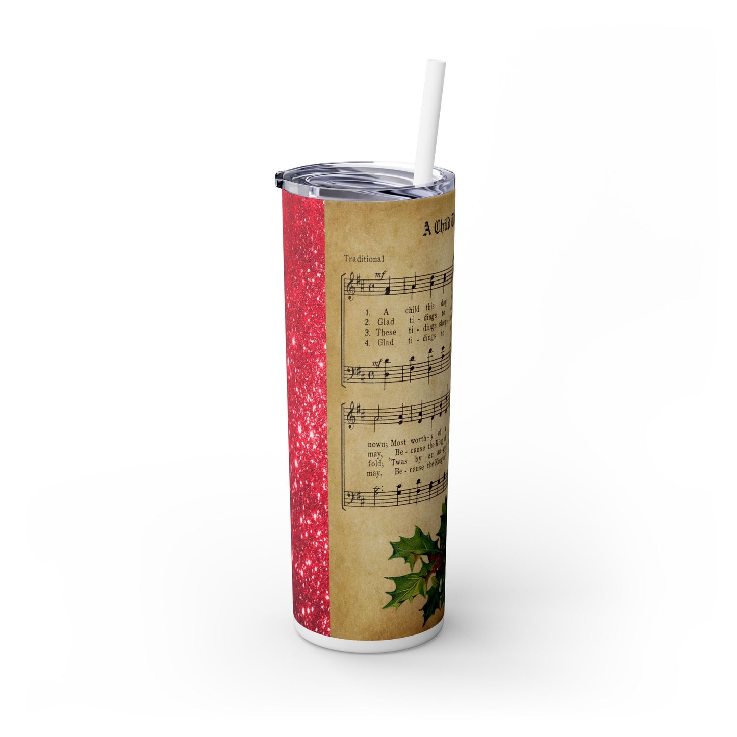 Christmas Music Notes with Red Sparkles - SleekSip Skinny 20oz Tumbler with Straw