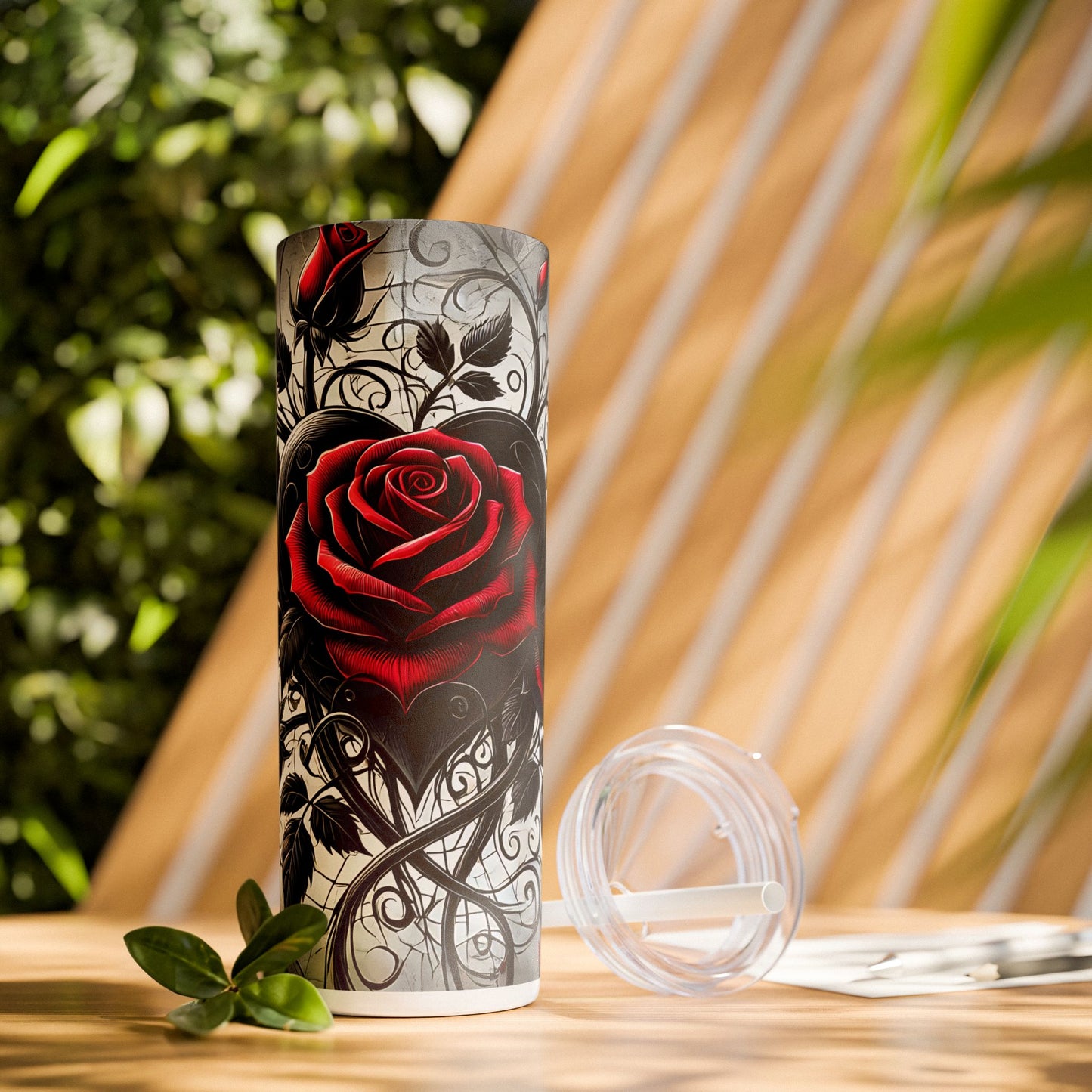 Black Heart Red Rose Spiderwebs - SleekSip Skinny 20oz Tumbler with Straw