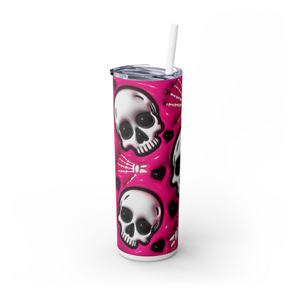 3D Inflated Pink Skulls - SleekSip Skinny 20oz Tumbler with Straw