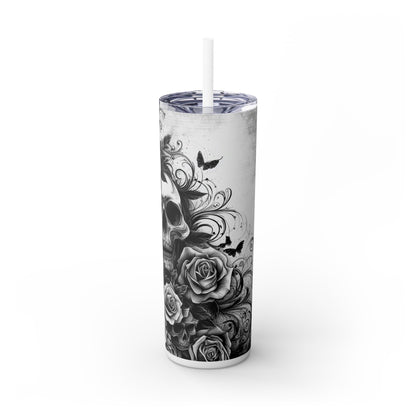 Black and White Skull Flowers - SleekSip Skinny 20oz Tumbler with Straw