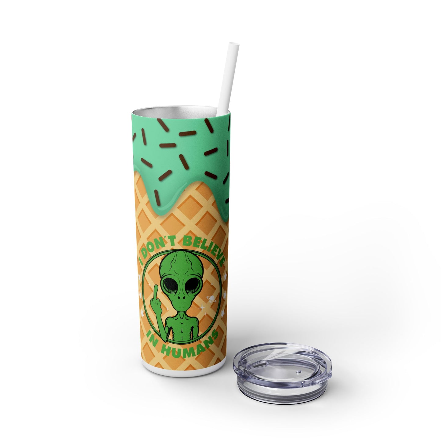 Funny Alien I don’t Believe in Humans - SleekSip Skinny 20oz Tumbler with Straw