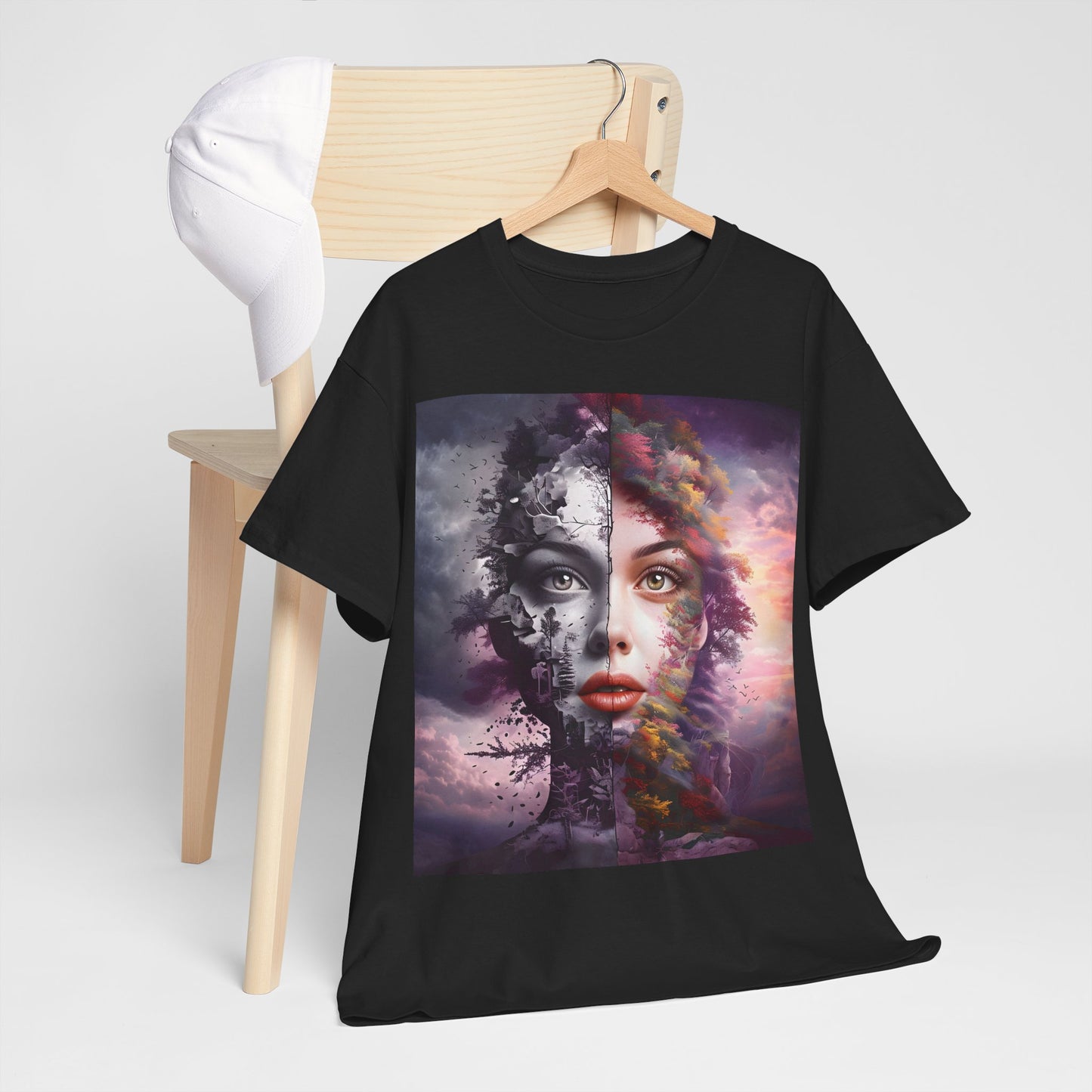 Duality of Nature T-Shirt – Embrace the beauty of contrast with this surreal portrait blending earth and sky, life and decay.- Express Delivery available