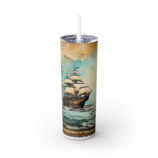 Watercolor Old Pirate Ships - SleekSip Skinny 20oz Tumbler with Straw