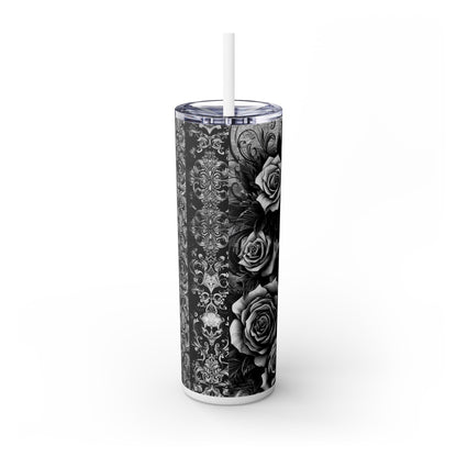 Black and White Skull Flowers - SleekSip Skinny 20oz Tumbler with Straw