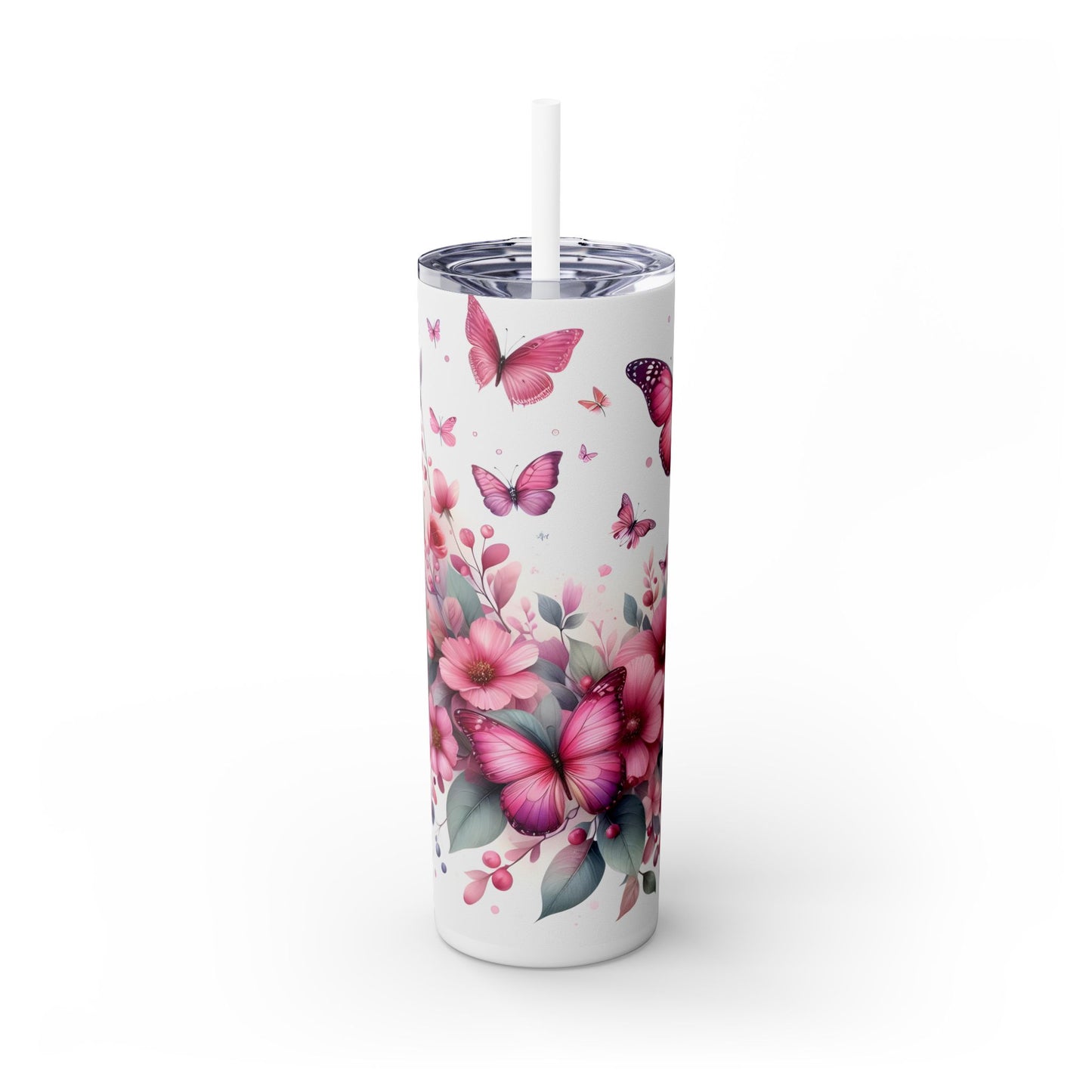 Pink Flowers and Butterflies - SleekSip Skinny 20oz Tumbler with Straw