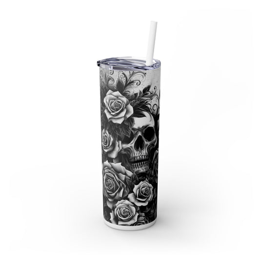 Black and White Skull Flowers - SleekSip Skinny 20oz Tumbler with Straw