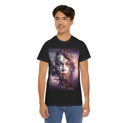 Duality of Nature T-Shirt – Embrace the beauty of contrast with this surreal portrait blending earth and sky, life and decay.- Express Delivery available