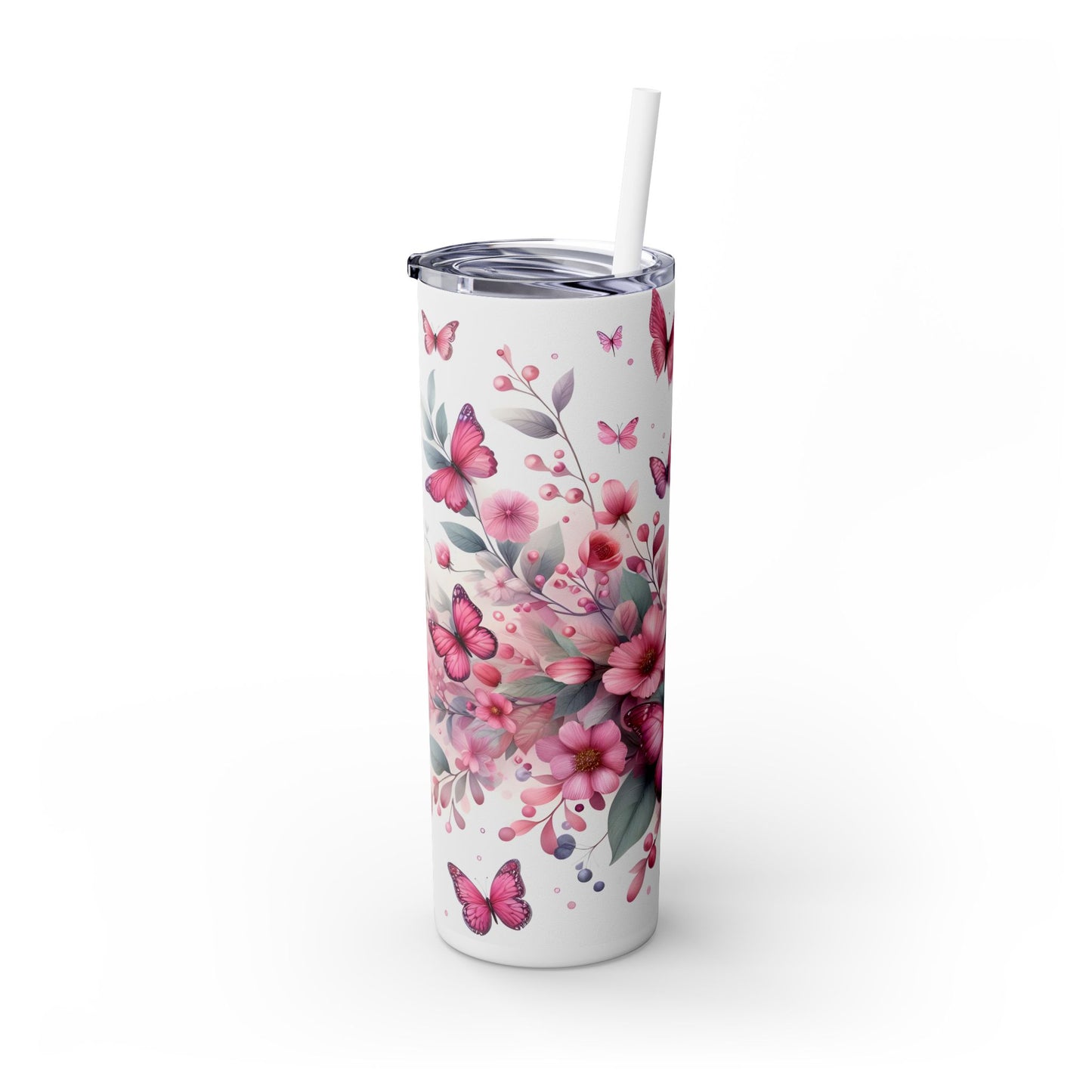 Pink Flowers and Butterflies - SleekSip Skinny 20oz Tumbler with Straw