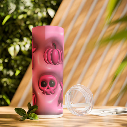 3D Inflated Pink Skulls and Pumpkins - SleekSip Skinny 20oz Tumbler with Straw