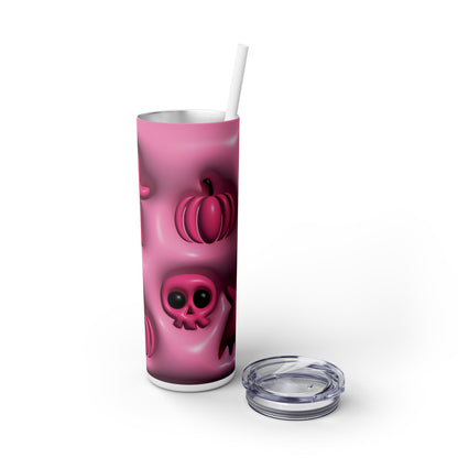 3D Inflated Pink Skulls and Pumpkins - SleekSip Skinny 20oz Tumbler with Straw