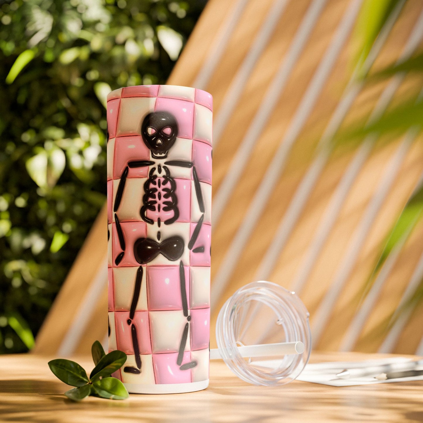 3D Inflated Pink Skull - SleekSip Skinny 20oz Tumbler with Straw