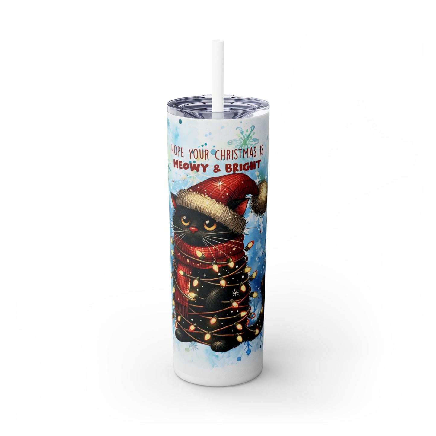 Christmas Cat with Snow Background - SleekSip Skinny 20oz Tumbler with Straw