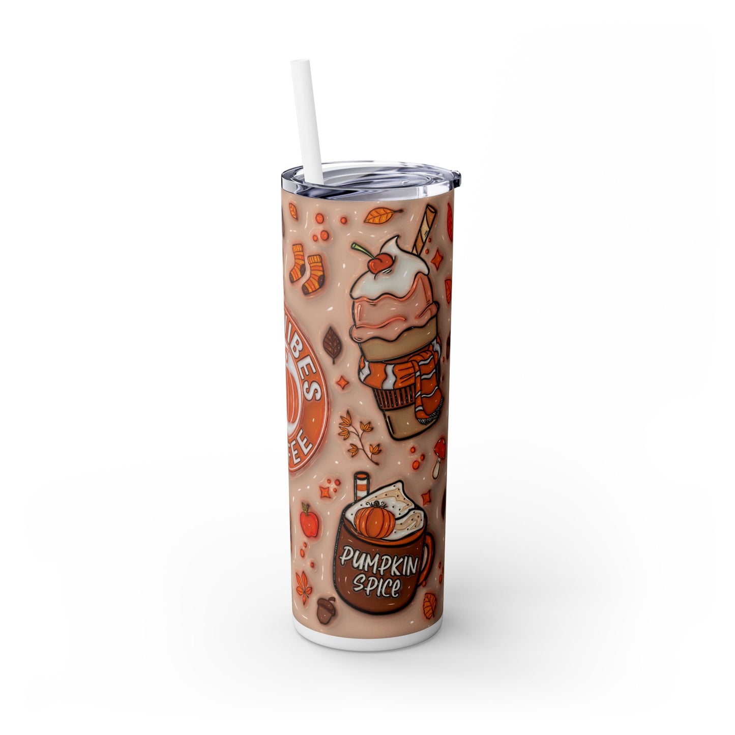 3D Inflated Fall Vibes Coffee - SleekSip Skinny 20oz Tumbler with Straw