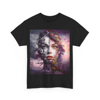 Duality of Nature T-Shirt – Embrace the beauty of contrast with this surreal portrait blending earth and sky, life and decay.- Express Delivery available