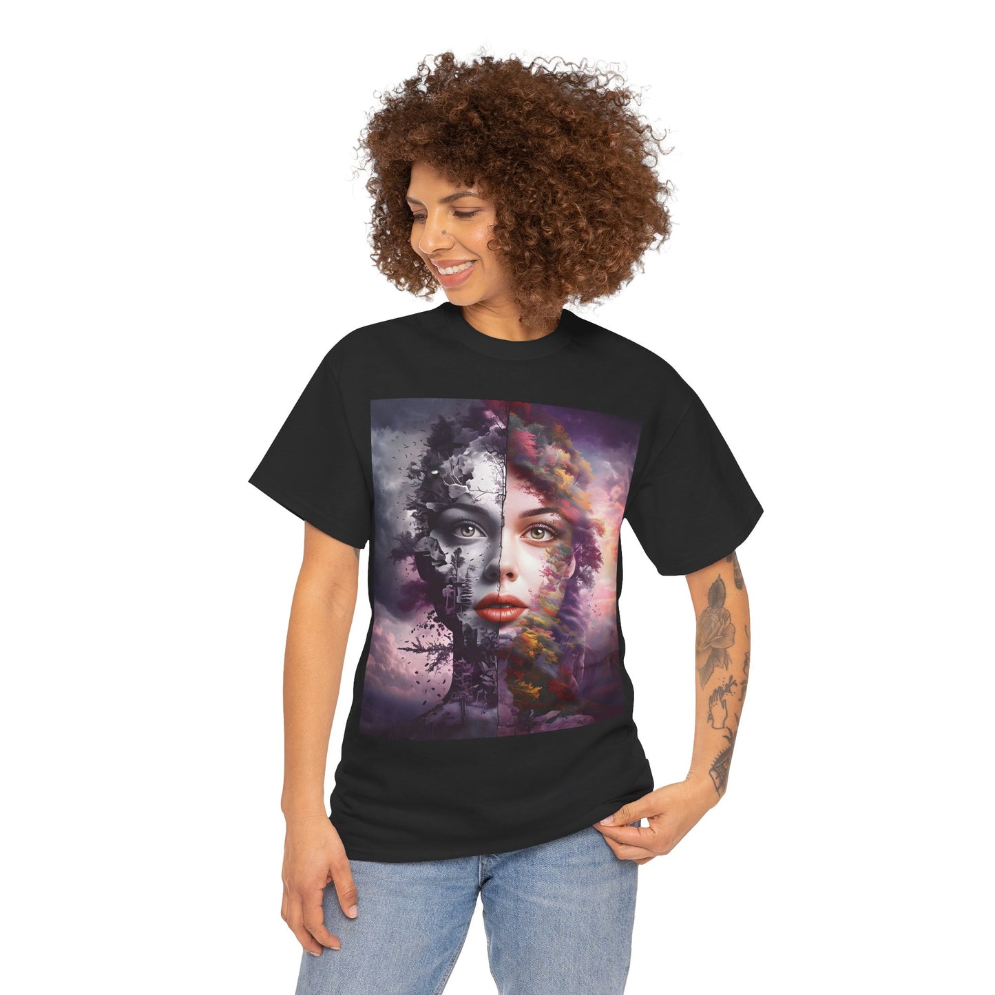 Duality of Nature T-Shirt – Embrace the beauty of contrast with this surreal portrait blending earth and sky, life and decay.- Express Delivery available