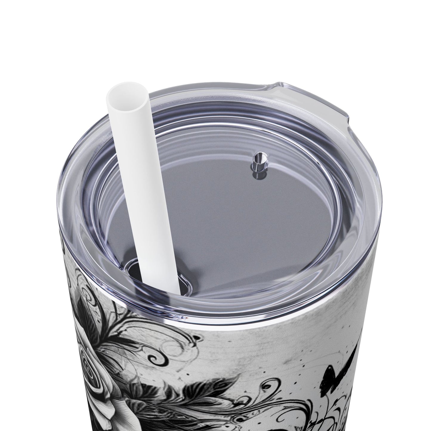 Black and White Skull Flowers - SleekSip Skinny 20oz Tumbler with Straw