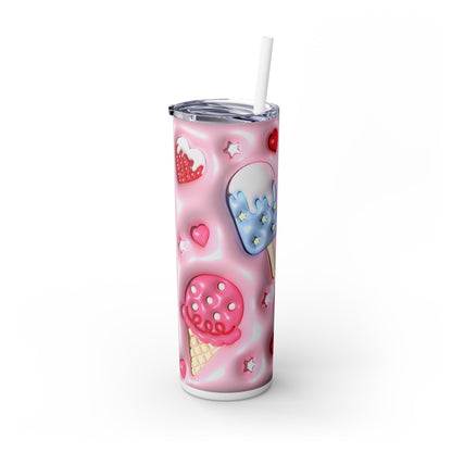 3D Inflated Ice Cream and Strawberries - SleekSip Skinny 20oz Tumbler with Straw