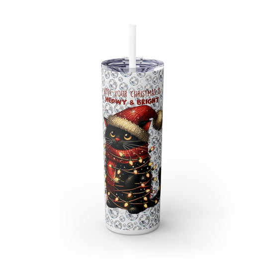 Christmas Cat with Diamond Background - SleekSip Skinny 20oz Tumbler with Straw