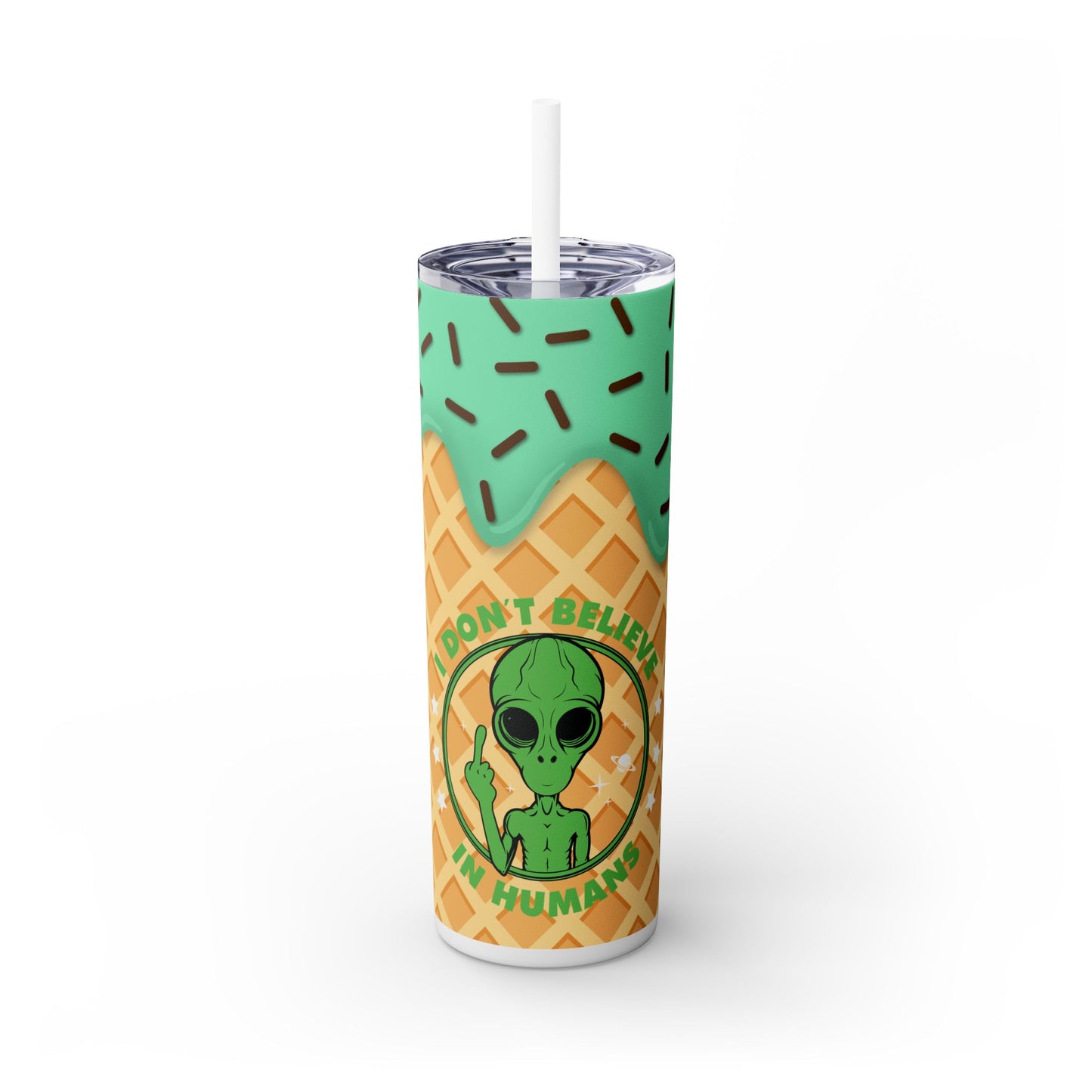 Funny Alien I don’t Believe in Humans - SleekSip Skinny 20oz Tumbler with Straw