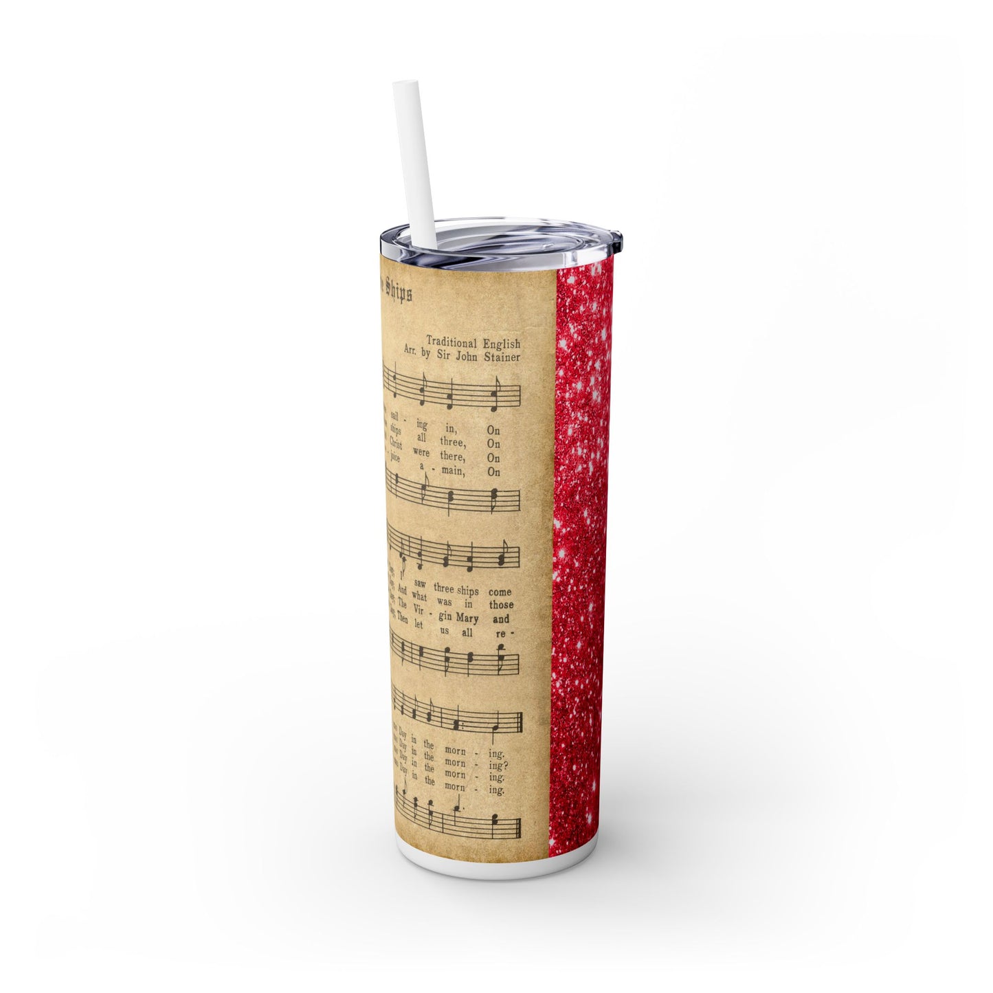 Christmas Music Notes with Red Sparkles - SleekSip Skinny 20oz Tumbler with Straw