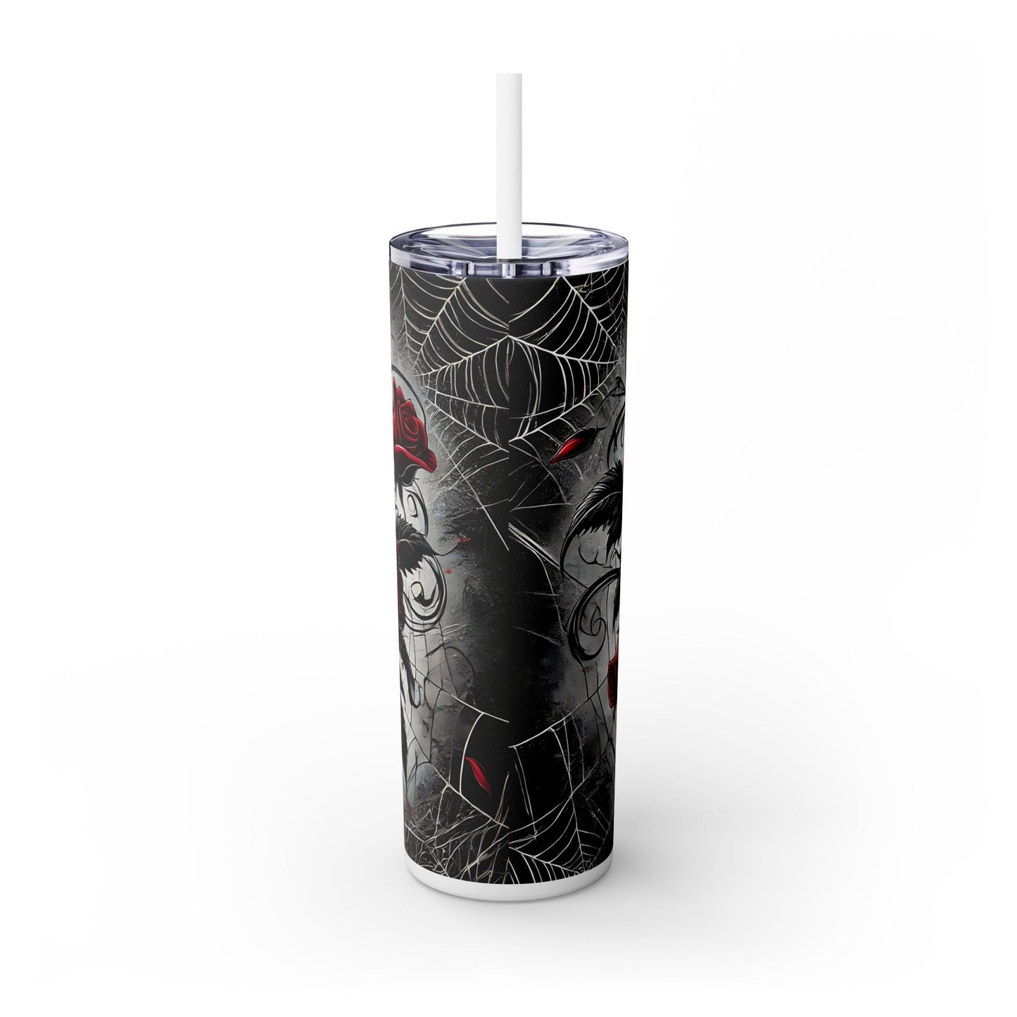 Black Heart Red Rose Spiderwebs - SleekSip Skinny 20oz Tumbler with Straw