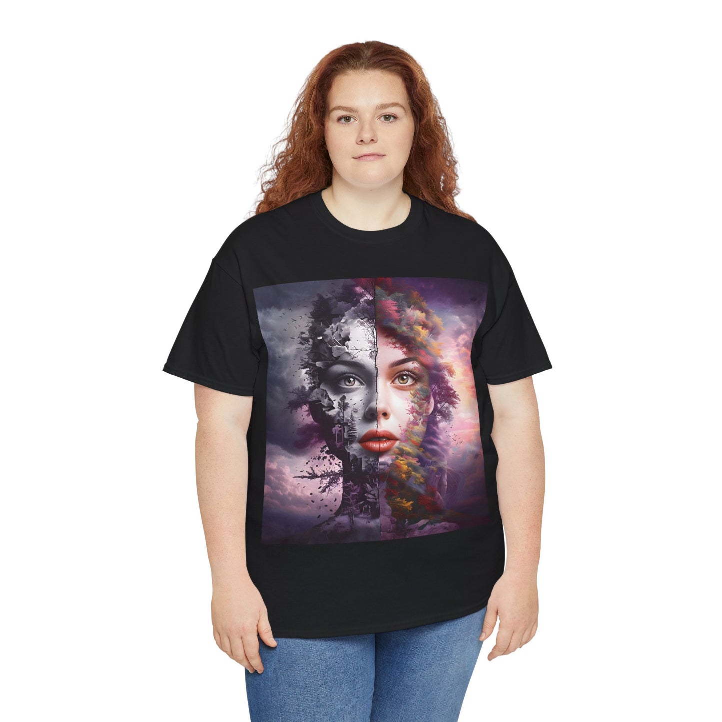 Duality of Nature T-Shirt – Embrace the beauty of contrast with this surreal portrait blending earth and sky, life and decay.- Express Delivery available