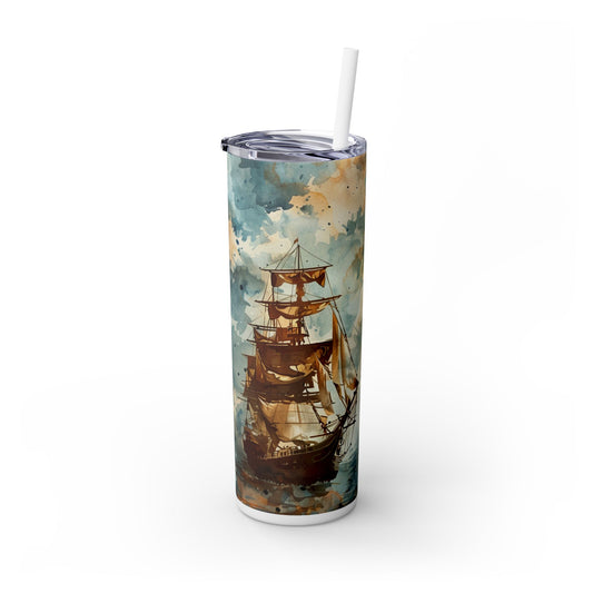 Watercolor Old Pirate Ships - SleekSip Skinny 20oz Tumbler with Straw