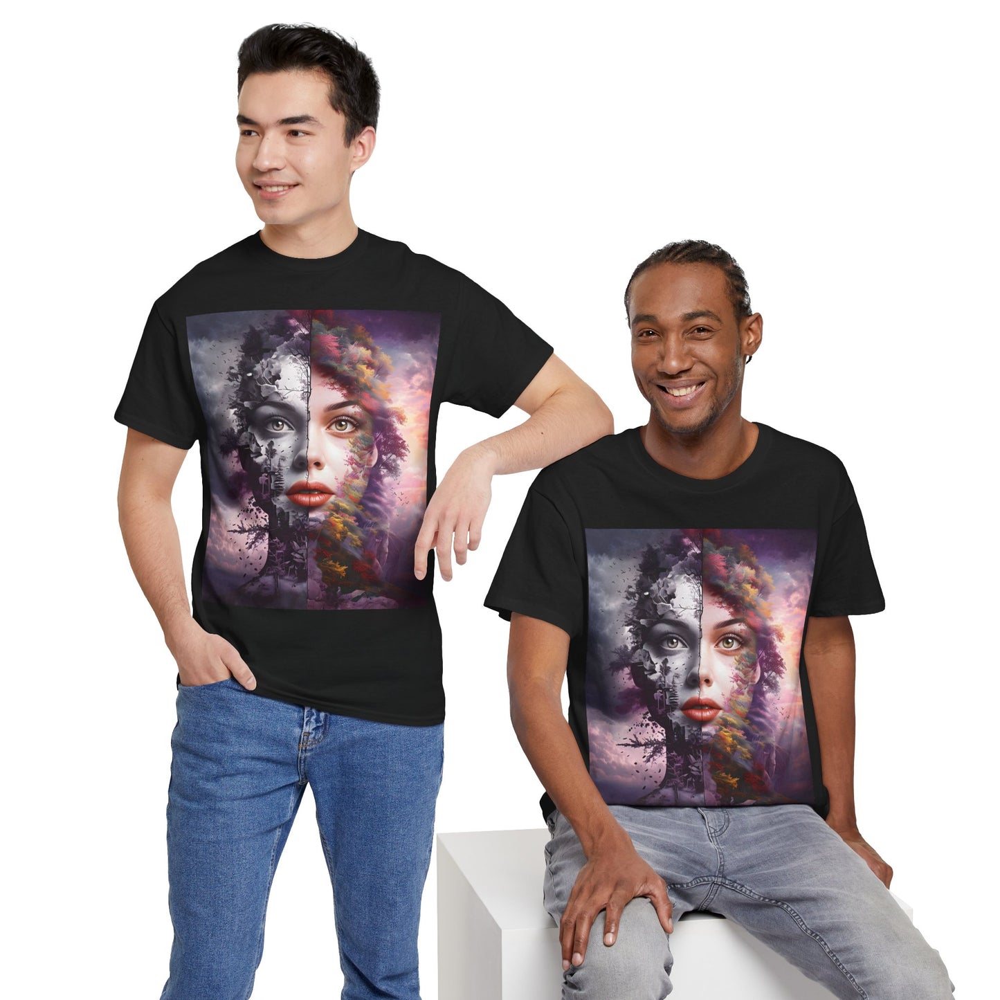 Duality of Nature T-Shirt – Embrace the beauty of contrast with this surreal portrait blending earth and sky, life and decay.- Express Delivery available