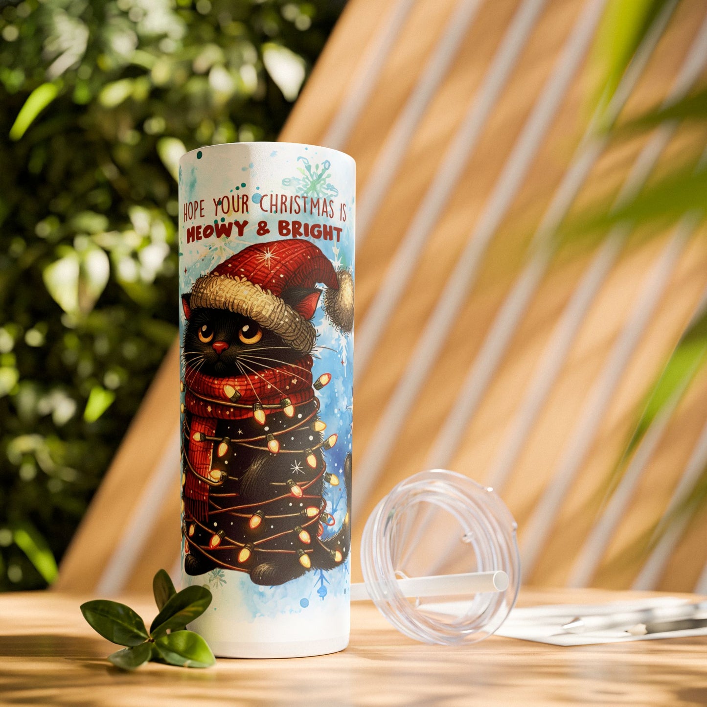 Christmas Cat with Snow Background - SleekSip Skinny 20oz Tumbler with Straw