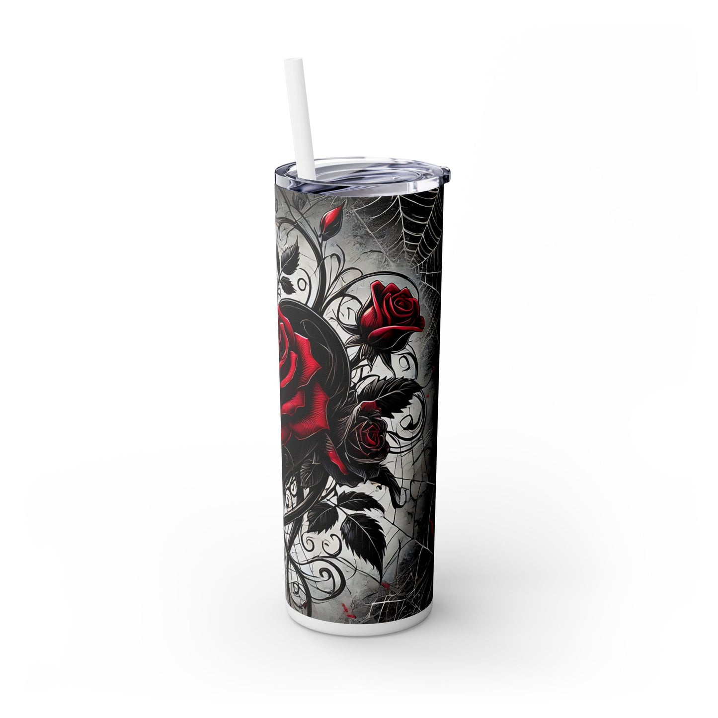 Black Heart Red Rose Spiderwebs - SleekSip Skinny 20oz Tumbler with Straw