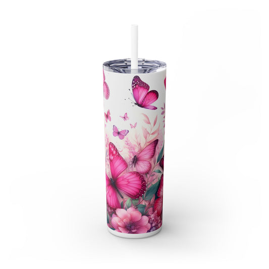 Pink Flowers and Butterflies - SleekSip Skinny 20oz Tumbler with Straw