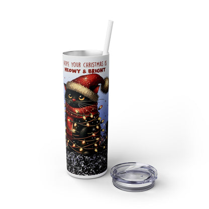 Christmas Cat with Sparkle Background - SleekSip Skinny 20oz Tumbler with Straw