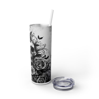 Black and White Skull Flowers - SleekSip Skinny 20oz Tumbler with Straw