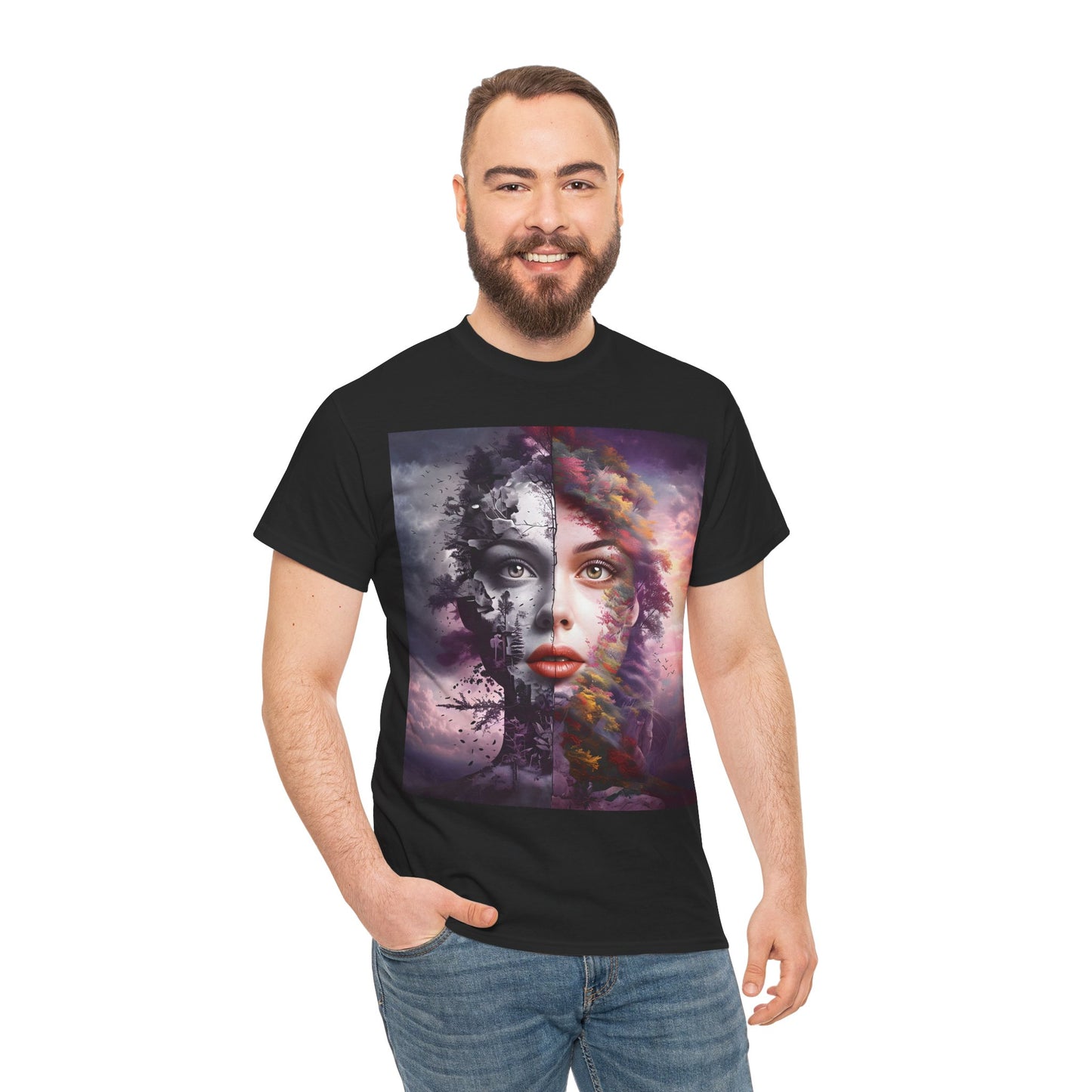 Duality of Nature T-Shirt – Embrace the beauty of contrast with this surreal portrait blending earth and sky, life and decay.- Express Delivery available