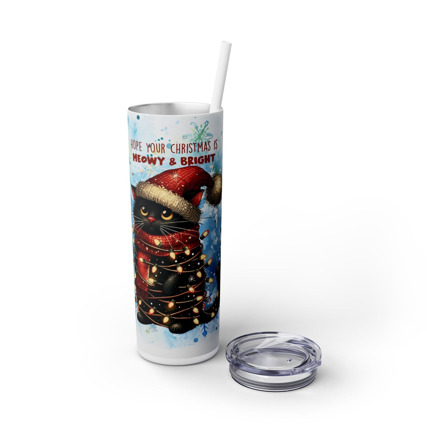 Christmas Cat with Snow Background - SleekSip Skinny 20oz Tumbler with Straw