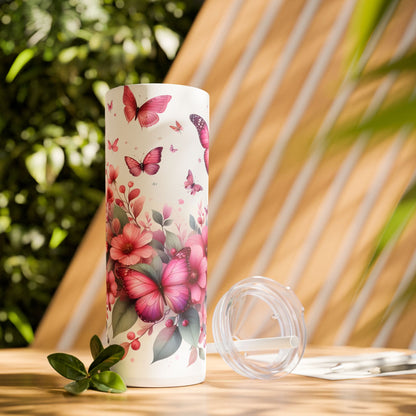 Pink Flowers and Butterflies - SleekSip Skinny 20oz Tumbler with Straw